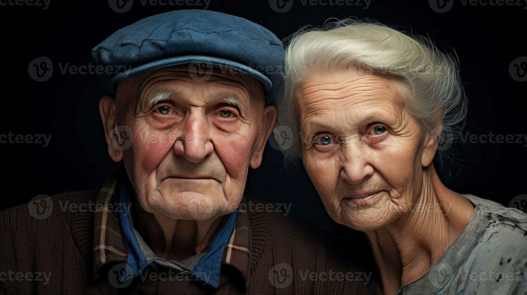 Joint portrait of elderly couple husband and wife 70-90 years old. Close up of smiling faces of old people. Love and devotion. Wisdom in the eyes. Mother and father. Granparents. AI generated photo