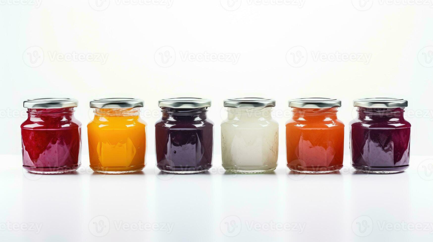Glass jars with jam of different colors from different fruits. lined up, white background. Preservation and preparation, homemade healthy food. Sweet dessert. AI generated photo