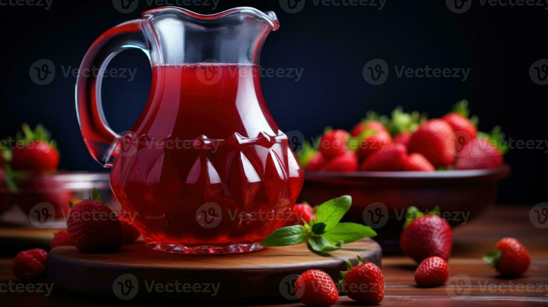 Sweet refreshing berry compote of ripe strawberries served elegantly in a crystal-clear decanter. Autumn red fruit drink. Nearby lie ripe strawberries and sprigs of herbs. In dark colors AI generated photo