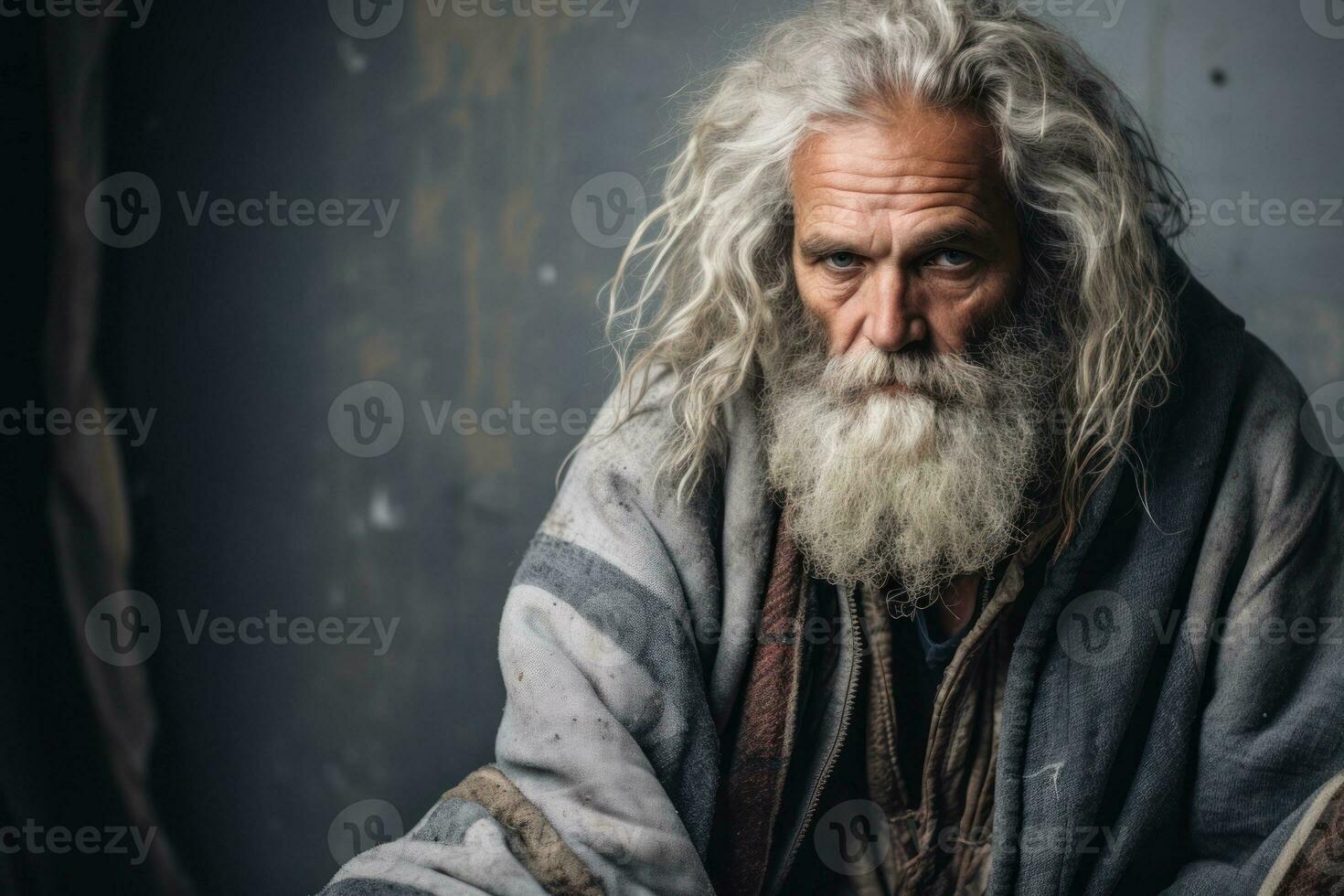 Homeless person close-up. unkempt homeless man with long gray hair, beard, mustache in old dirty clothes. Pure piercing gaze. Tramp, beggar. Social problems. Vagabond fashion. AI generated photo