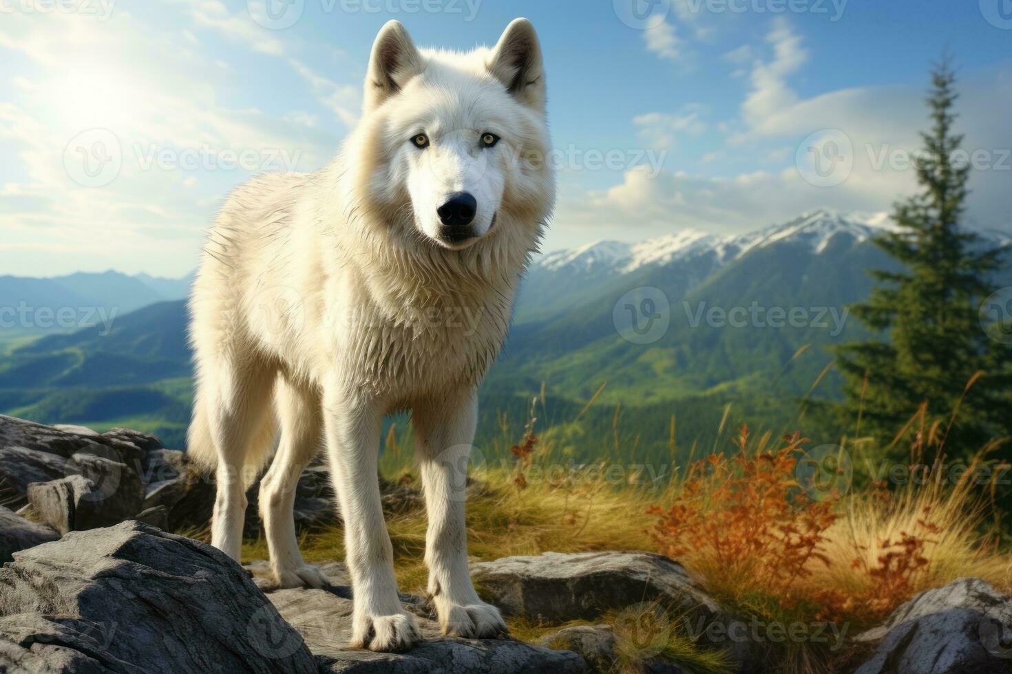 White wolf in natural habitat. Shaggy wolf with white fur and burning eyes against a background of mountains and blue sky. endangered species. Albino. Conservation protection of animals. AI generated photo
