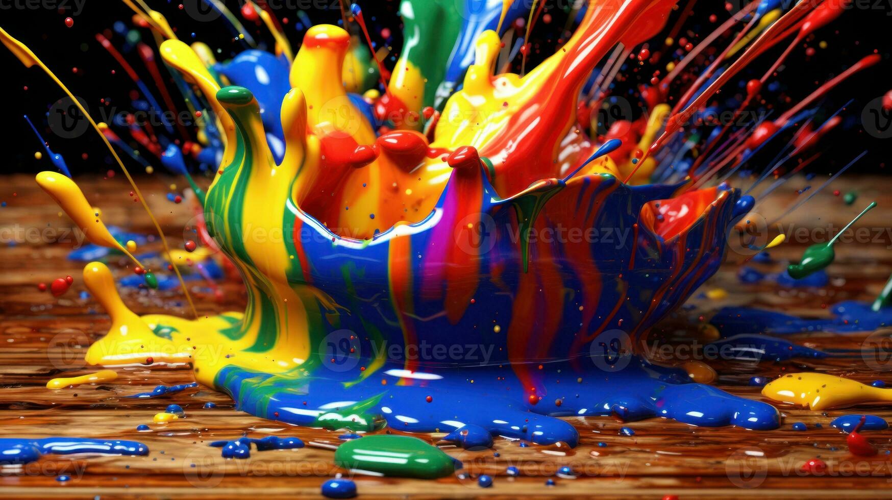 Splashes of rainbow paint, ink with drops. Liquid multi colored paint falls, spills and splashes. Dynamic colorful abstract vibrant liquid acrylic paint in motion energy AI generated photo