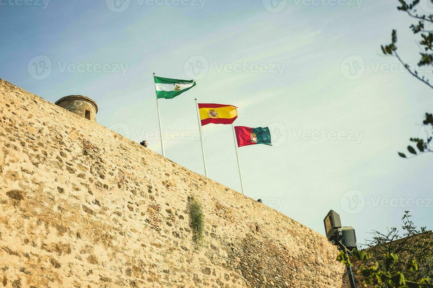 el bandera de España y el banderas de el regiones de España instalado en el fortaleza foto