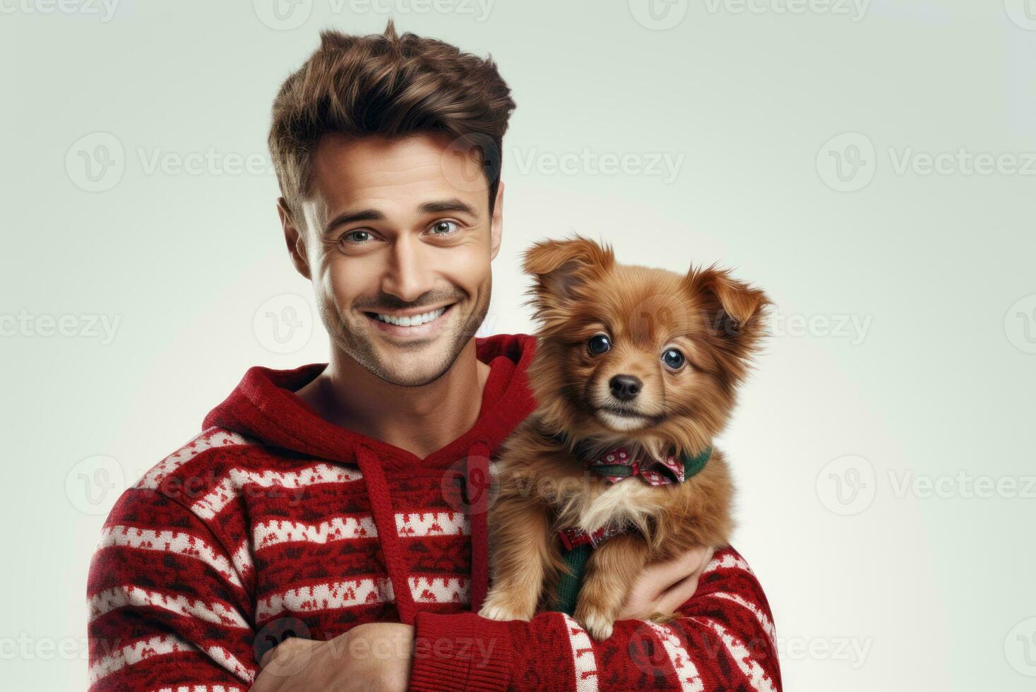 Banner, poster with copy space for International Ugly Sweater Day. man in colorful, hilariously terrible sweater, cheerfully laughing, holding purebred pomeranian chihuahua puppy dog. AI generated photo