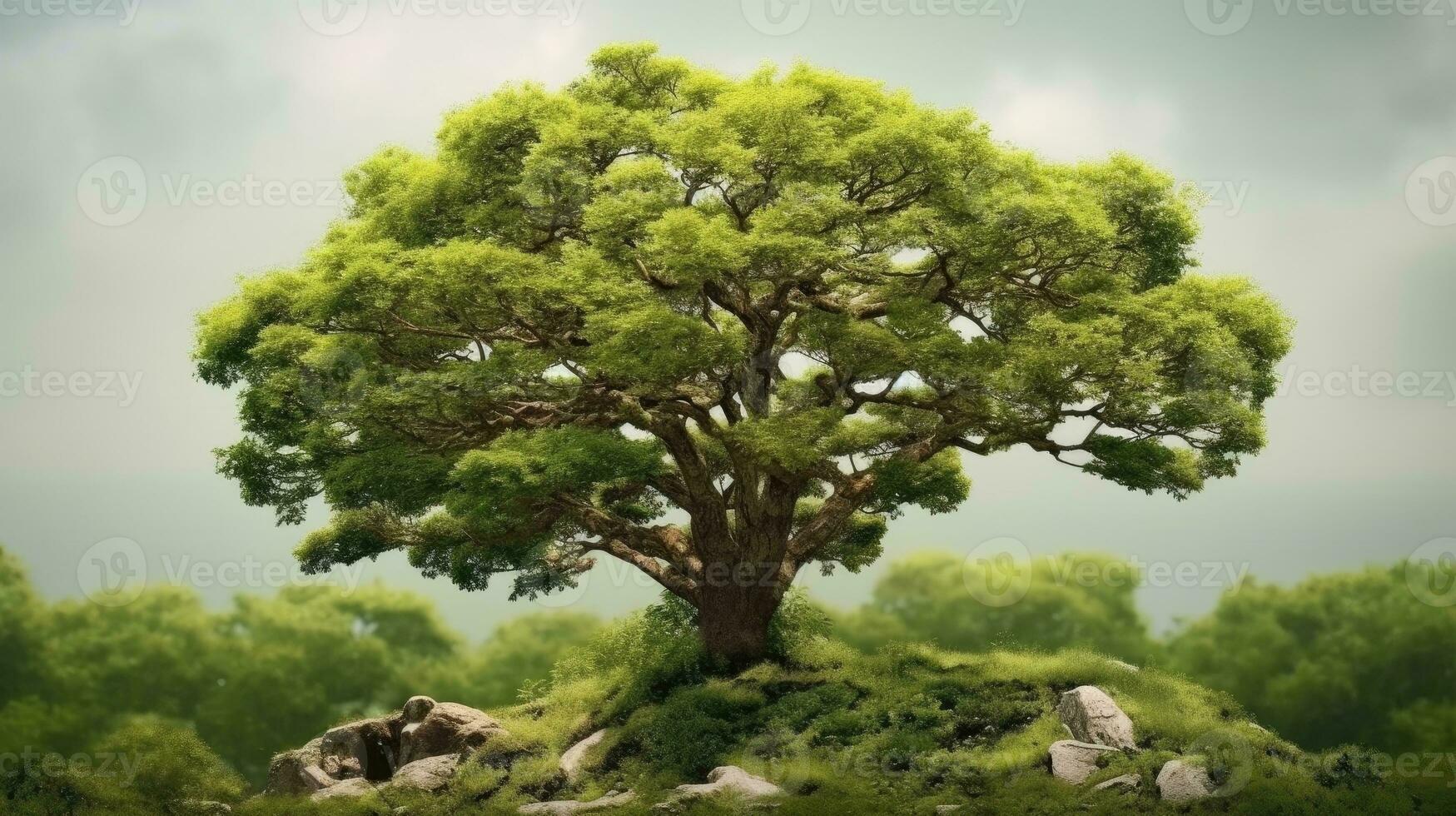 Ecological tree. Green deciduous tree growing on hill against blue sky. Concept of nature conservation, ecology, caring for planet, environmental protection. Green Planet. Poster, AI generated photo