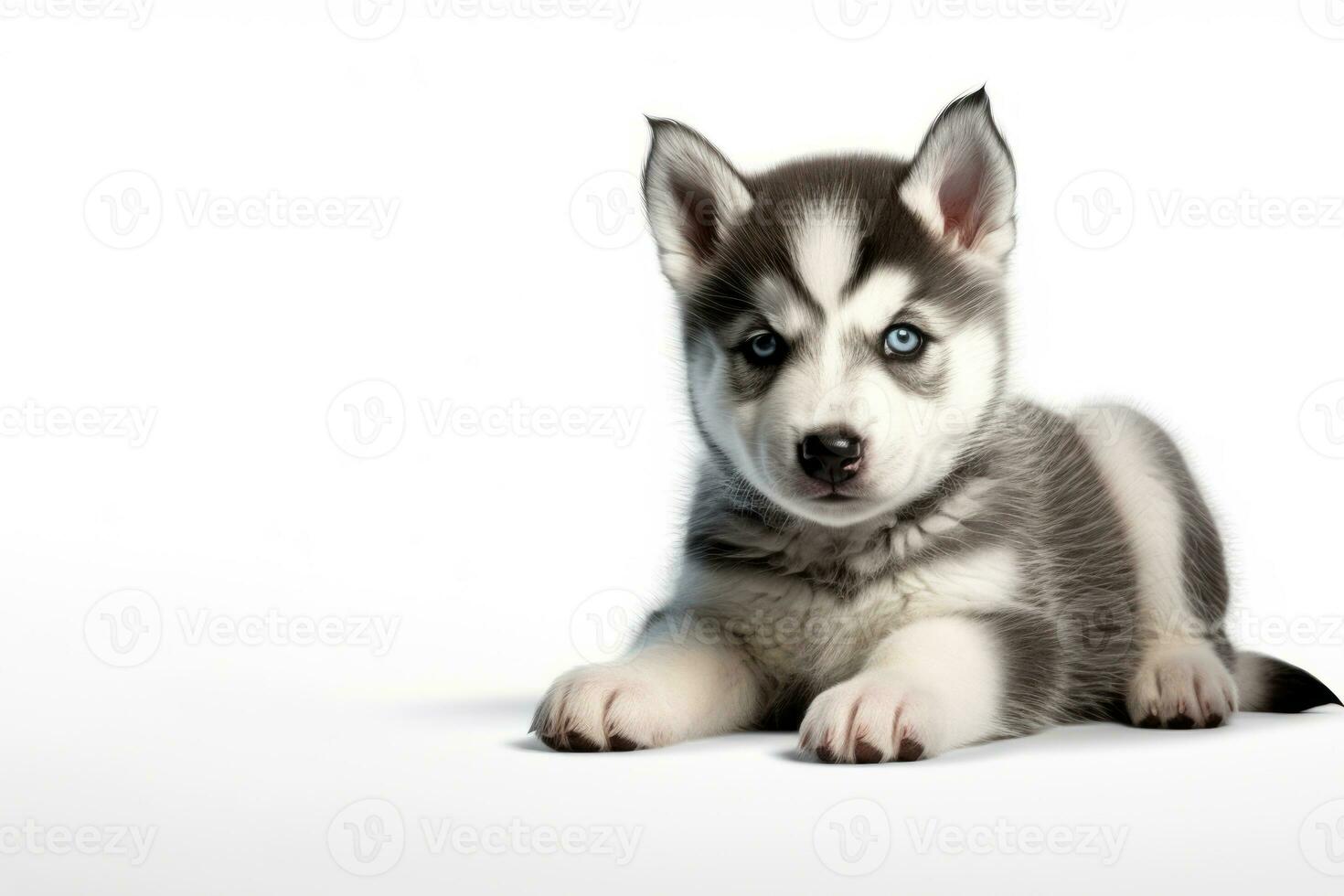 Cute purebred Husky puppy lies. Pedigree dog. Isolated on white background. With copy space. Mockup for design, greeting card, poster, banner. Veterinary clinic, shelter, grooming, AI generated photo