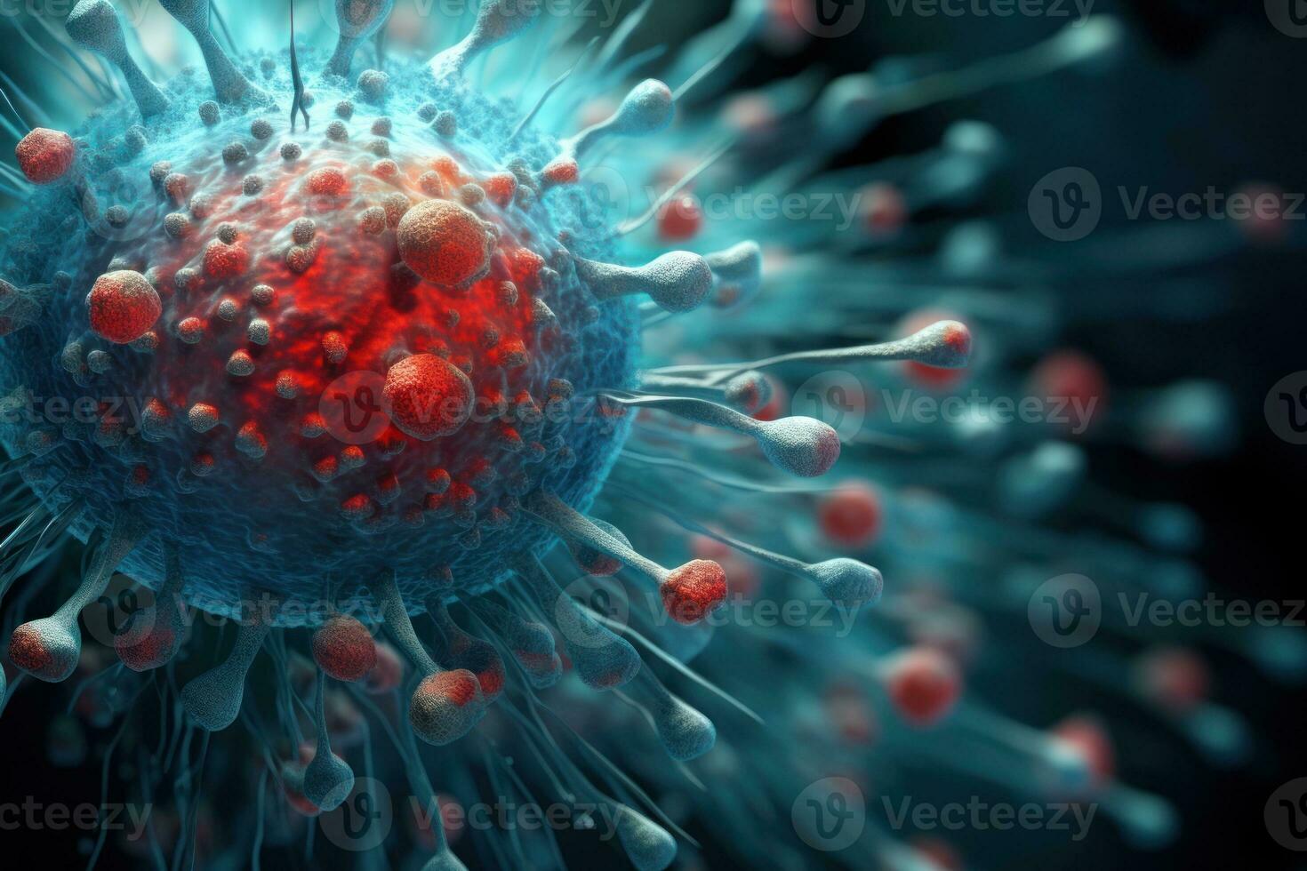 Virus, bacteria, microbe close-up. Macro. Virus outbreak. Medicine, microbiology concept. Biochemical research. Medical background. Scientific article, magazine, banner, poster, brochure AI Generated photo