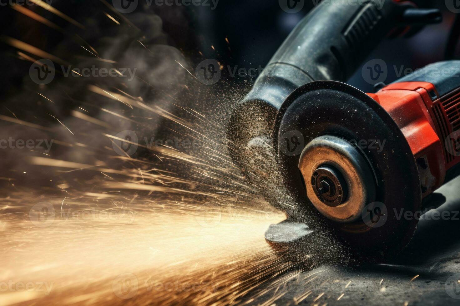 Close-up of angle grinder in grunge style scene, sparks flying as it works. With copy space. Perfect for banners, posters, advertisement brochures, business cards, design projects. AI generated photo