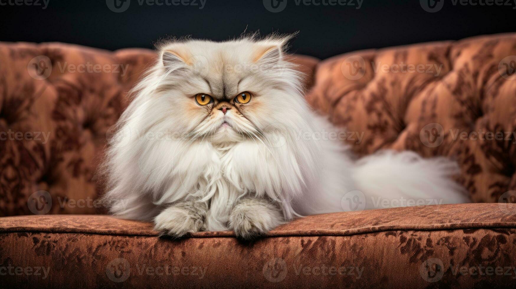 A pedigreed purebred Persian cat at an exhibition of purebred cats. Cat show. Animal exhibition. Competition for the most purebred cat. Winner, first place, main prize. AI generated photo