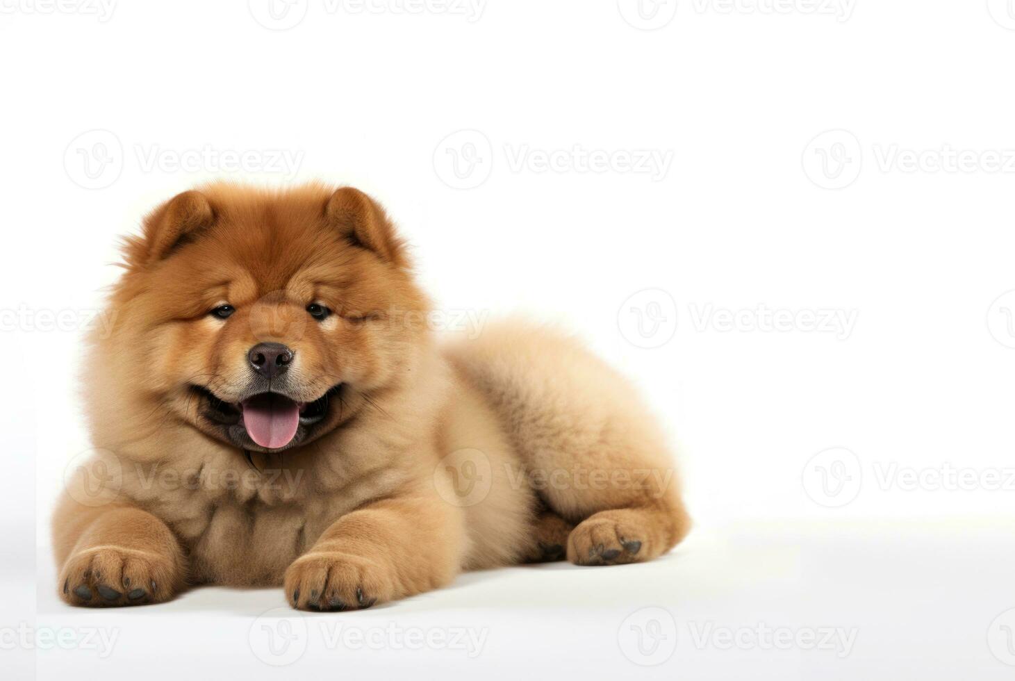 Cute fluffy purebred Chow Chow puppy lies on a white background. With copy space. Pedigree pup. For advertising, posters, banners, promoting pet stores, dog care, grooming, veterinary AI generated photo