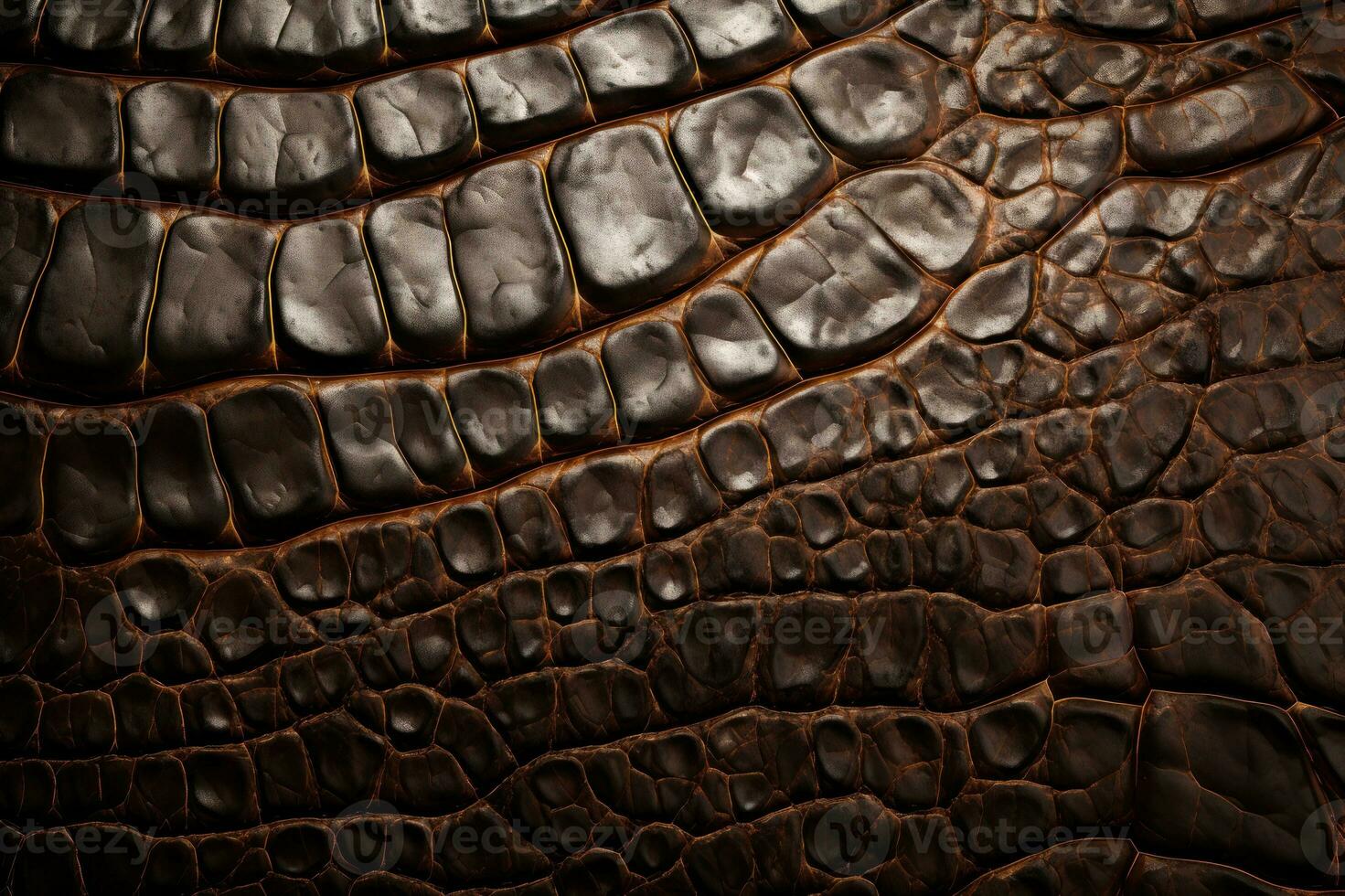 Detailed texture of crocodile or snake skin. Brown reptile scales. Macro. Alligator, cobra, python leather. Large scales. World of wild nature. Beautiful, expensive, rich background. AI generated photo