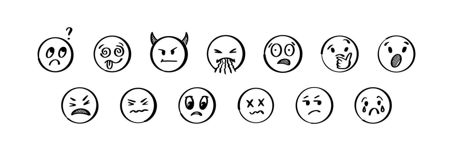 Doodle emoji set. Hand drawn sketch vector illustration. Pack of different negative expressions emoticons