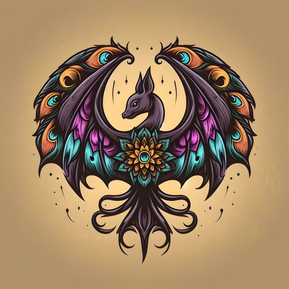 Majestic Nightfall, Unveiling the Enchanting Hybrid of Bat and Peacock. AI Generated photo