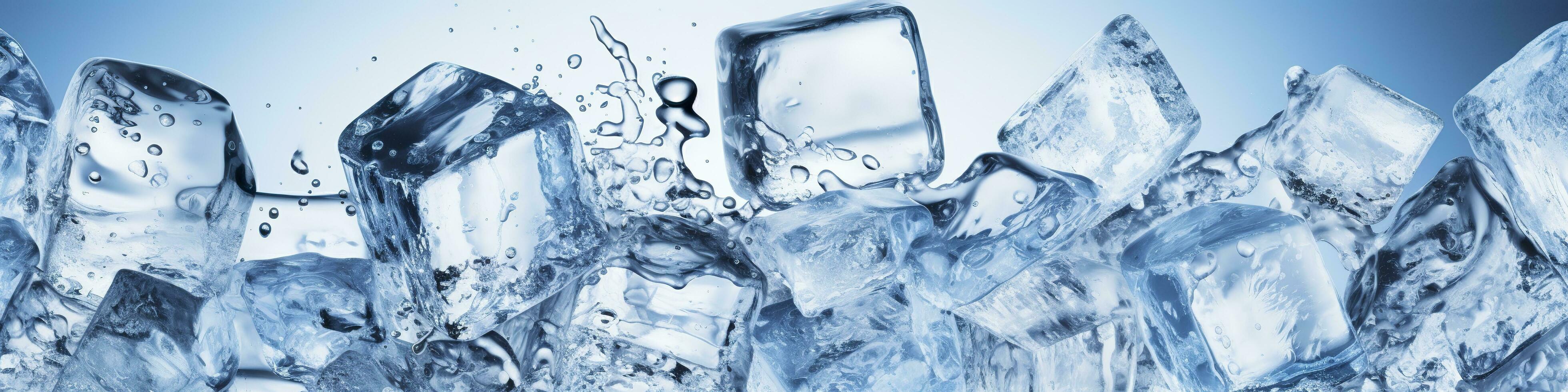 Pieces of ice and water on blue background. Generative AI photo
