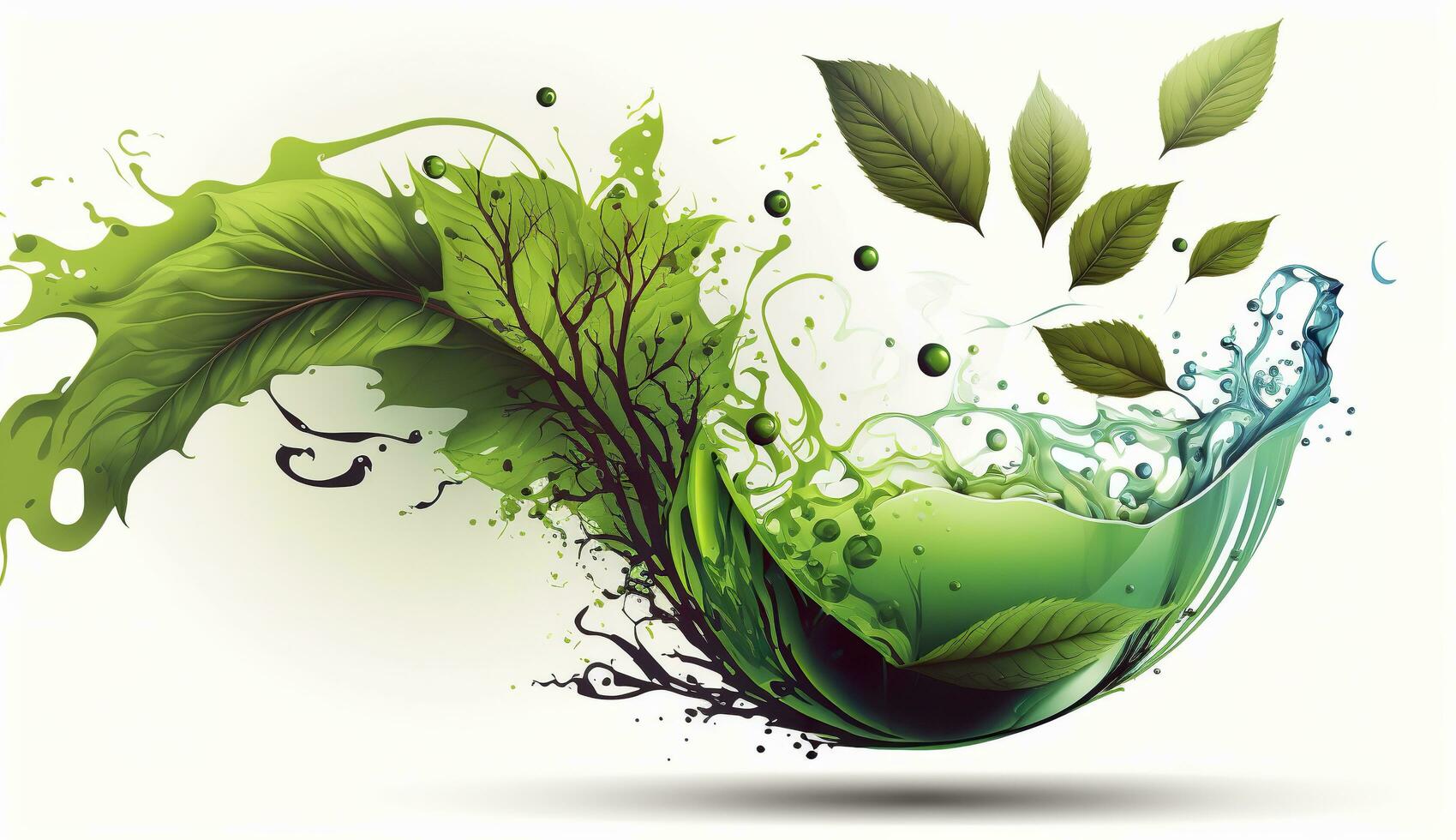 Green herbal tea wave splash with leaves flow. AI Generated photo