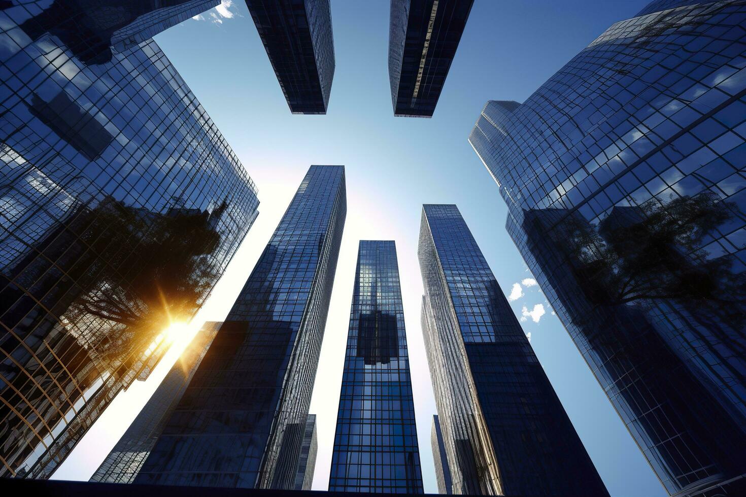 reflexivo rascacielos, negocio oficina edificios ai generado foto