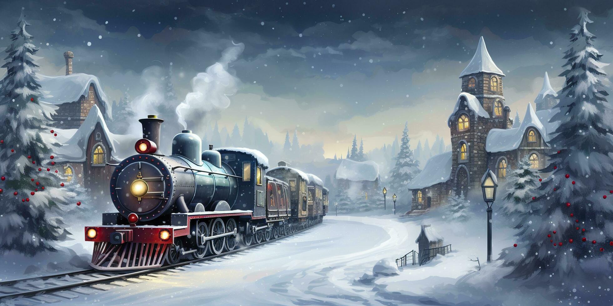 19th century train going throw a village in winter with a snow background. AI Generated photo