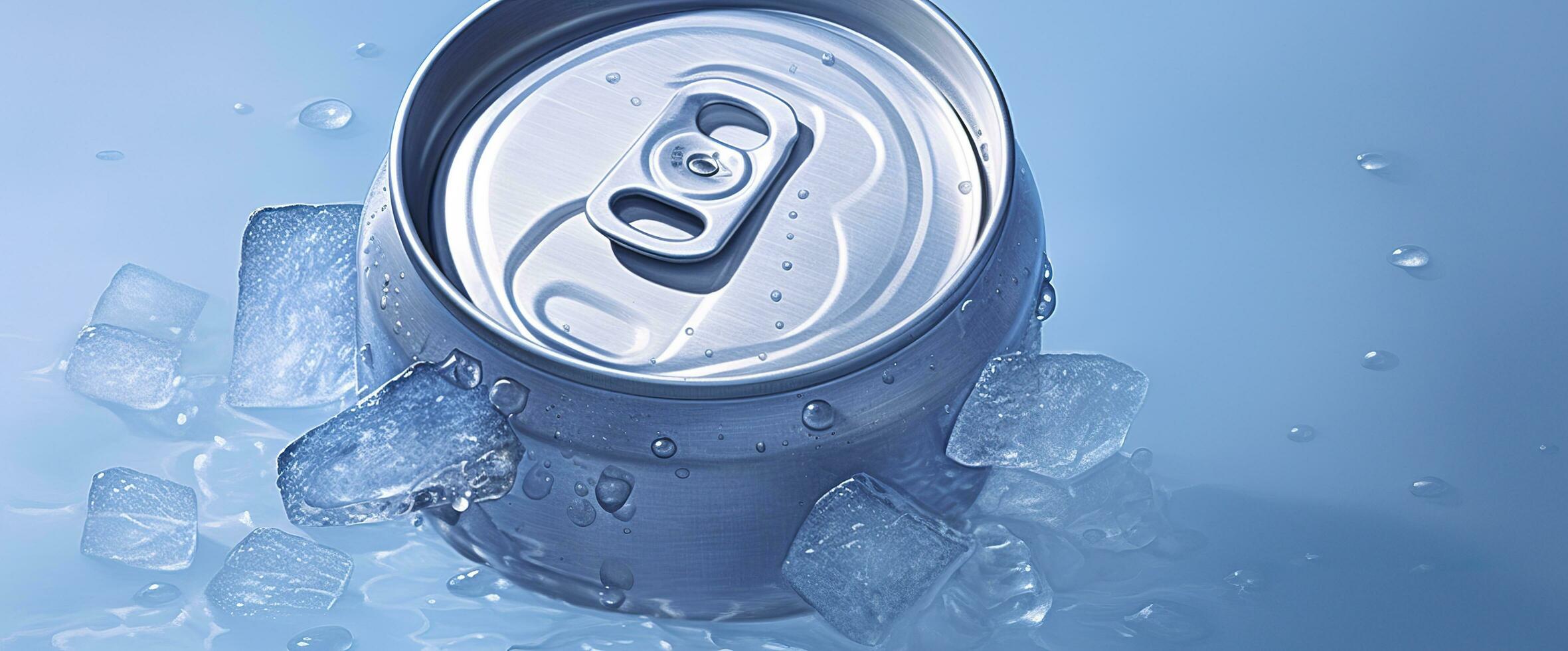 Top of drink tin can iced submerged in frost ice, metal aluminum beverage. Generative AI photo