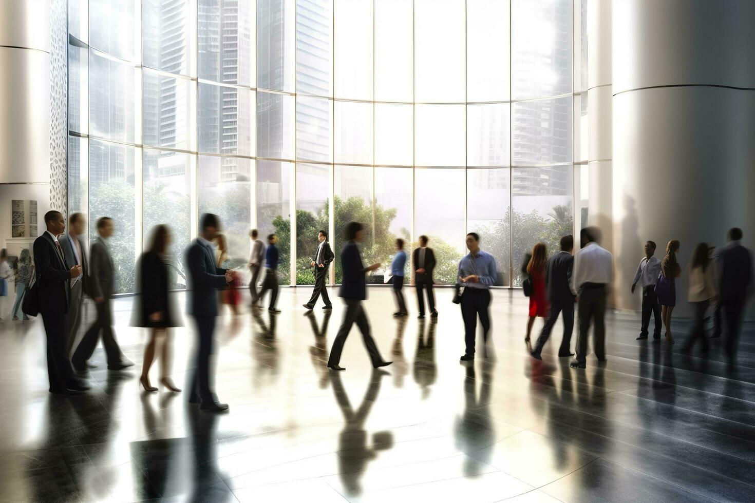 Group of people in the lobby. Business center. AI Generated photo