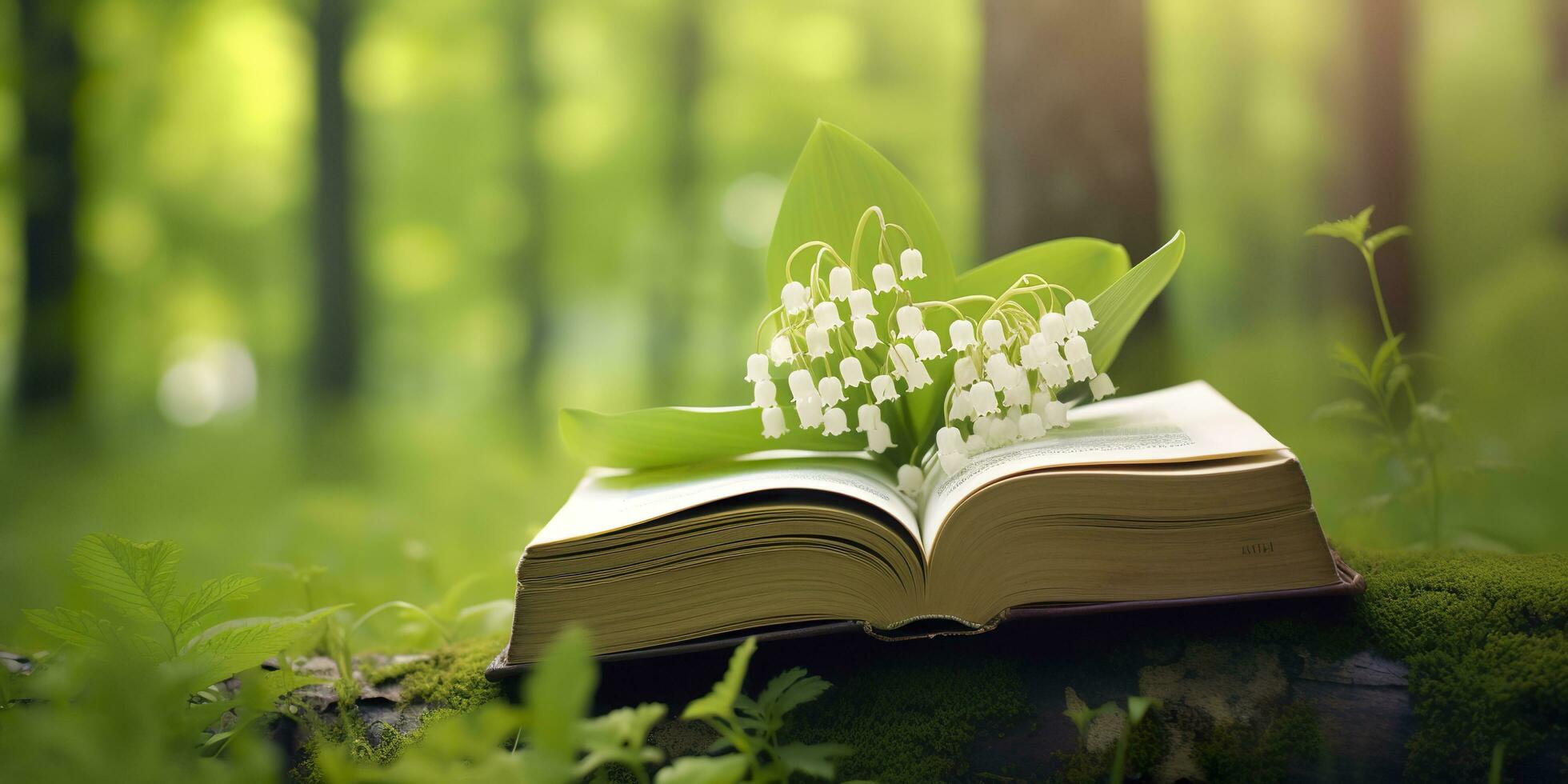 Lily of the Valley flowers and old books in the forest, green natural background. AI Generated photo