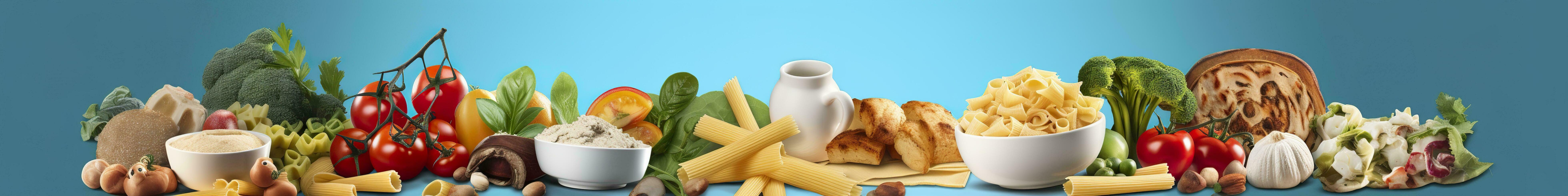 Web page banner of famous Italian food recipes on clean blue background. AI Generated photo