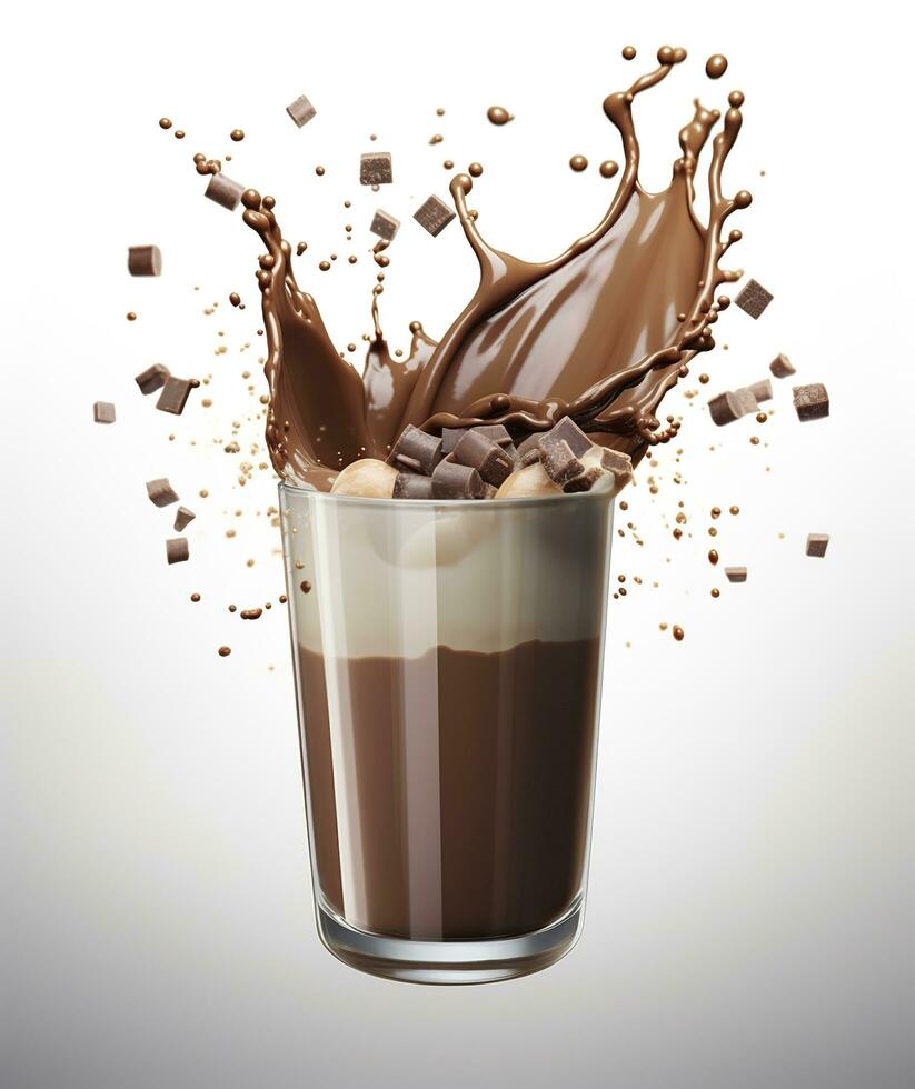 Glass with splashing cocoa, Chocolate Pouring, and splash. 3d illustration.  AI Generated photo