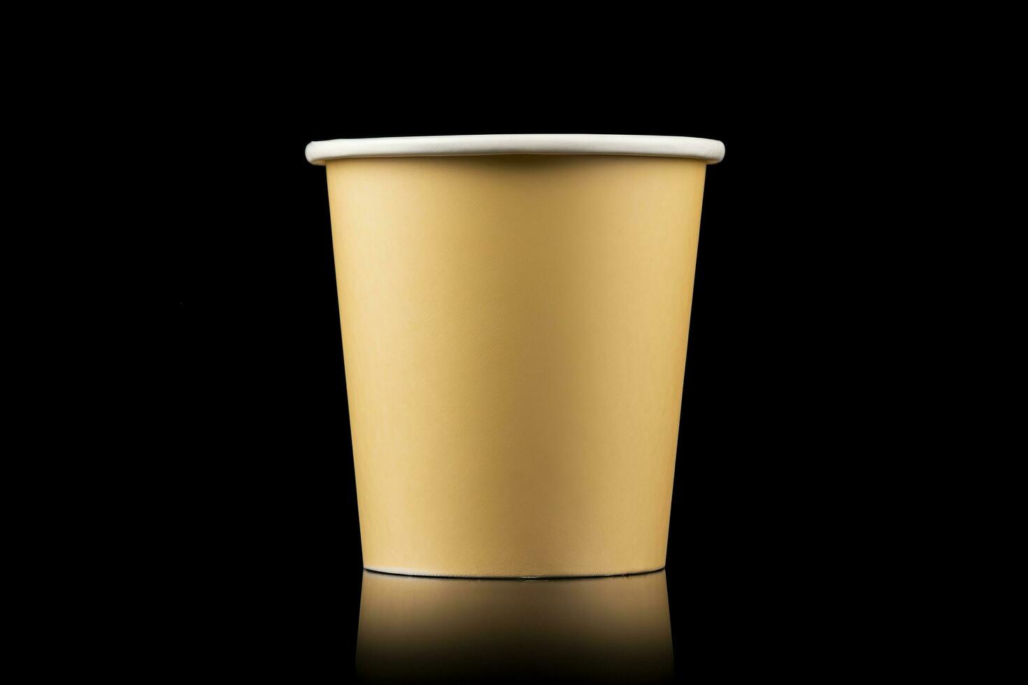 Side view yellow empty disposable paper fast food cup isolated on black background. Generative AI photo