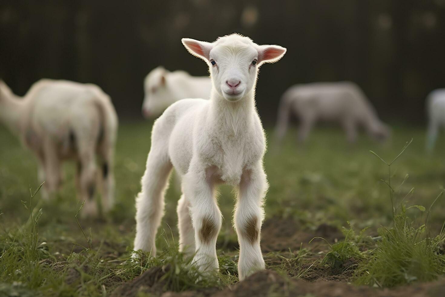 White lamb in a field in front of other animals. Generative AI photo