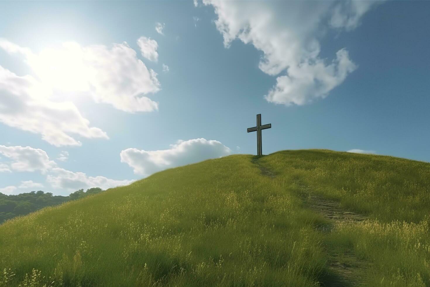 The cross of God with green Leaf, in the rays of the sun and blue sky. Cross on the hill with green trees and graeen natural view. Religious concept, AI Generative photo