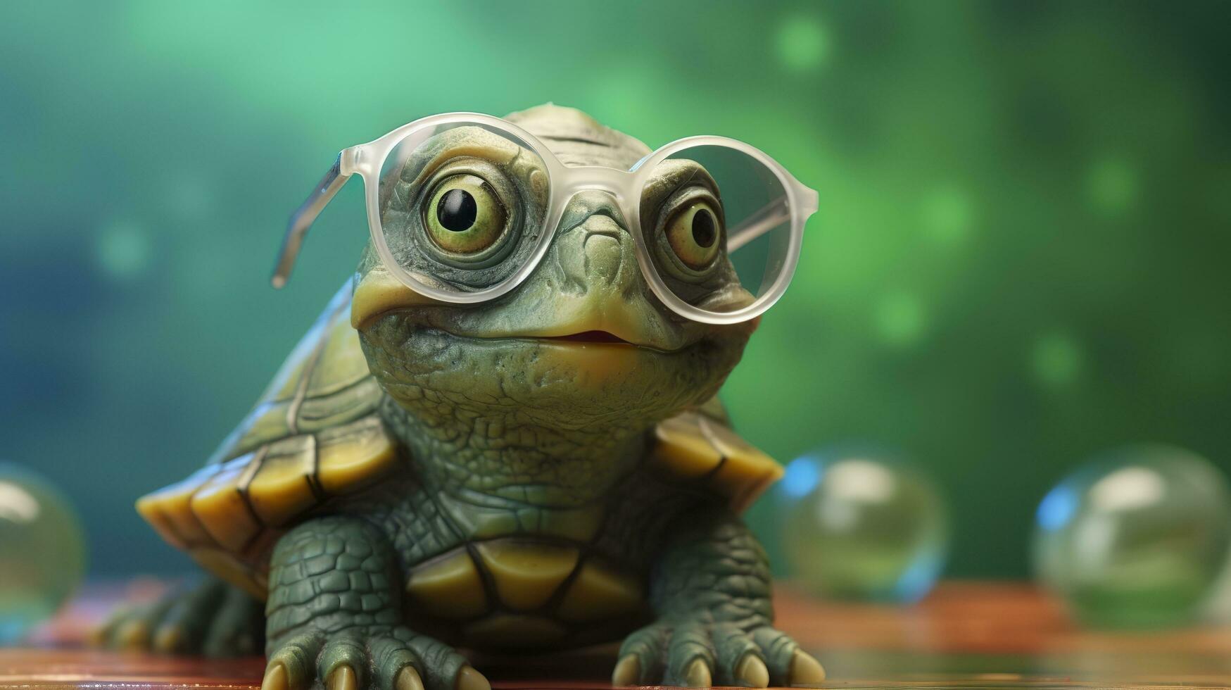 un linda pequeño verde Tortuga con anteojos, generar ai foto