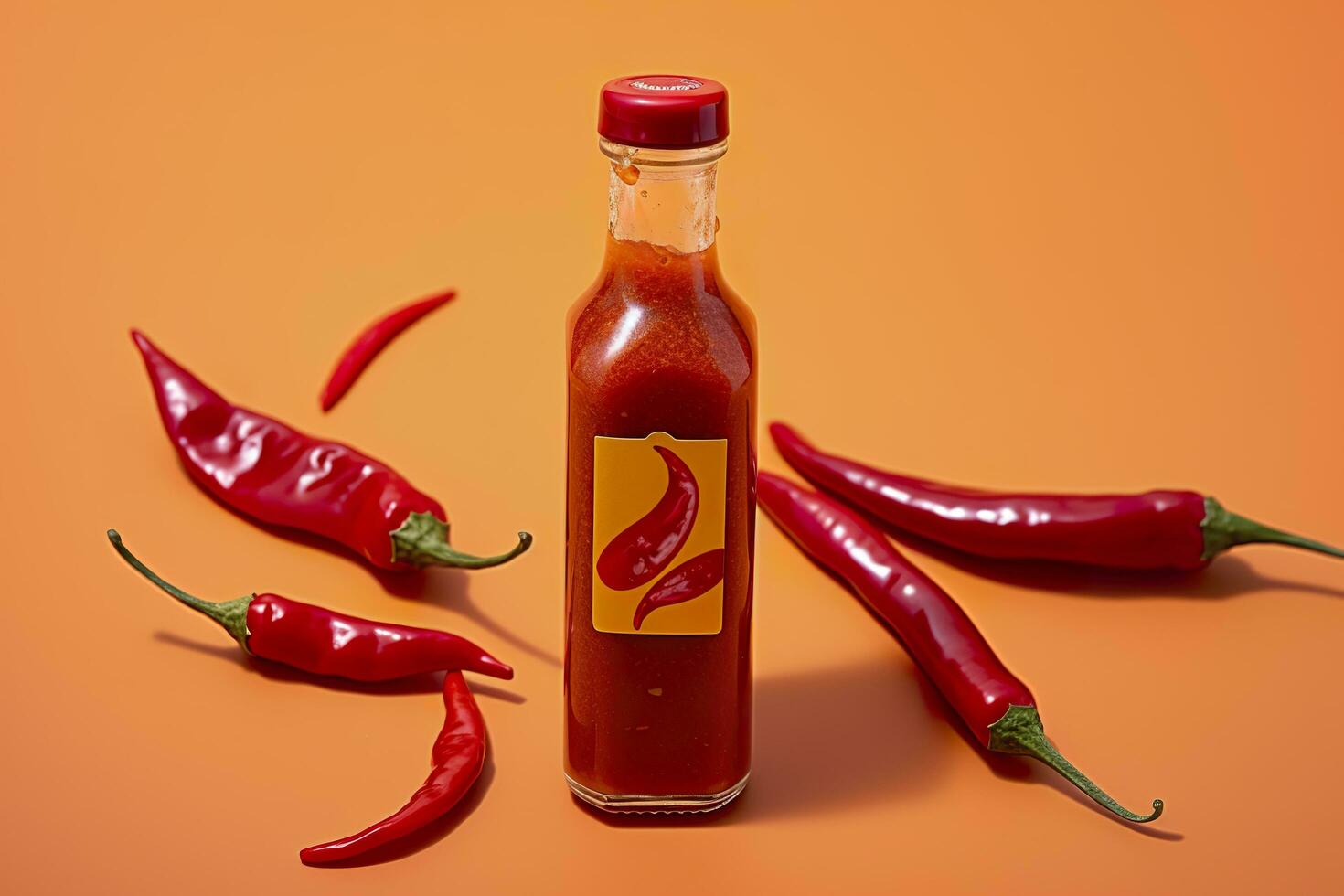 Tabasco hot pepper sauce with red chili pepper, flat lay. Generative AI photo