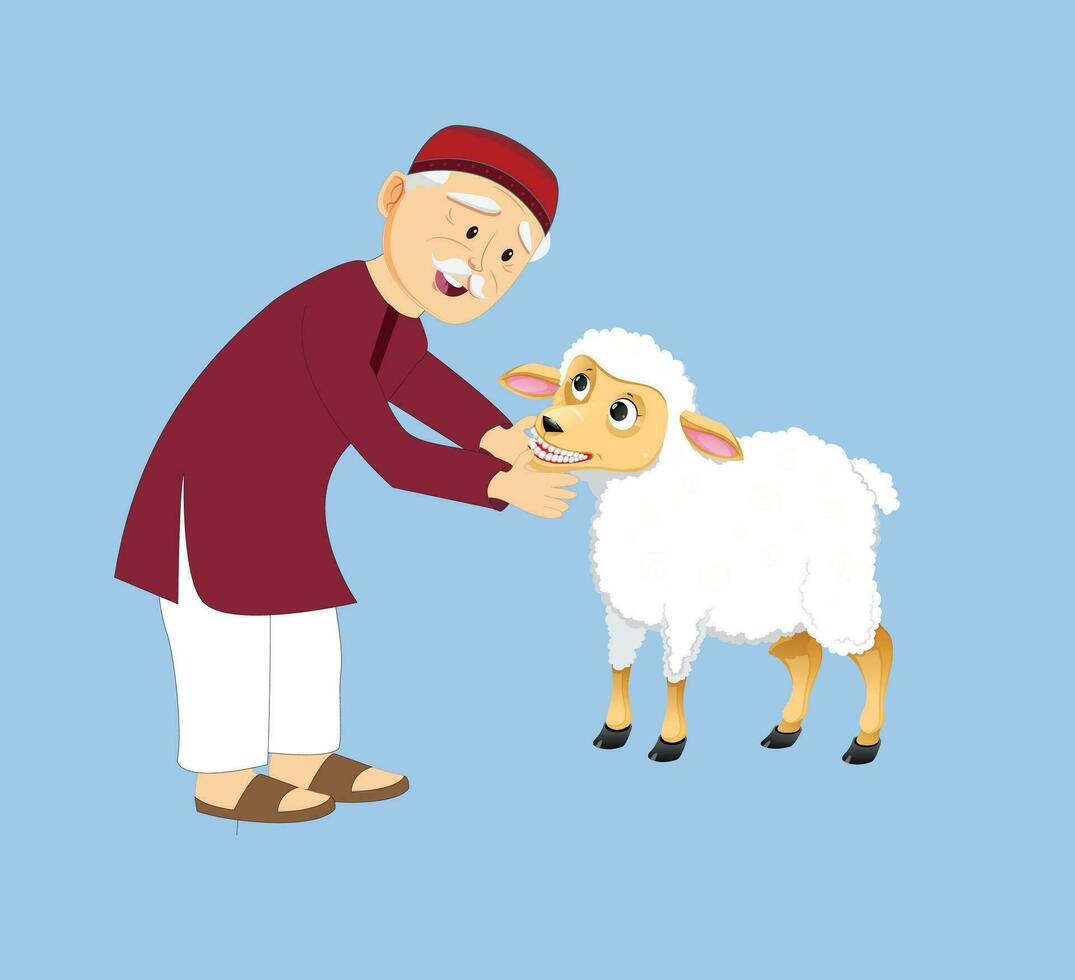 Grandfather checking lamb teeth on Eid ul adha, isolated vector. vector