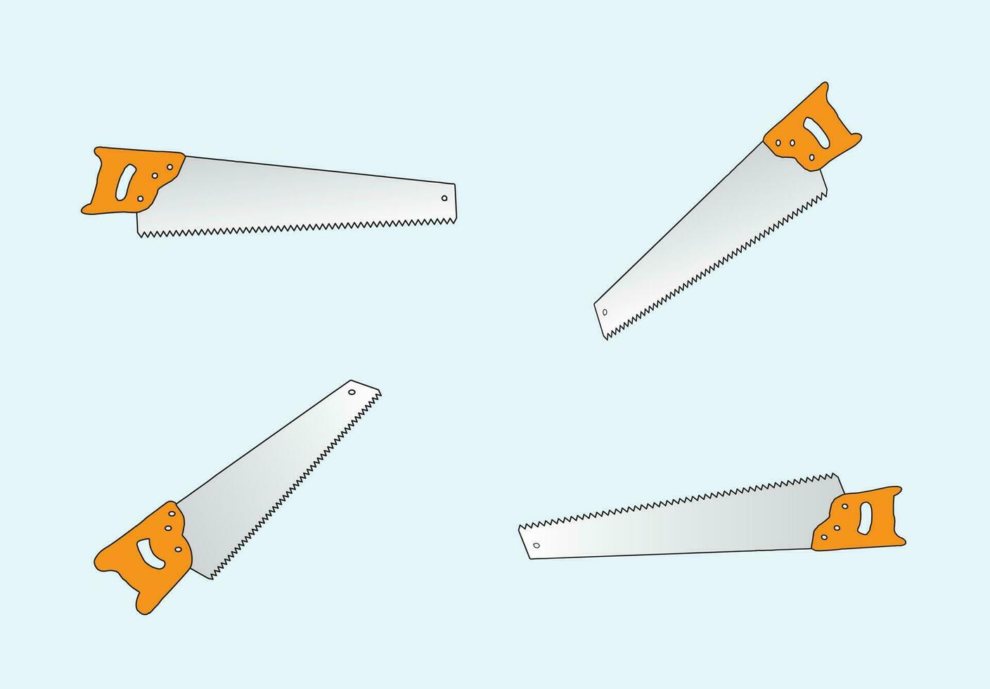 Hand saw woodworking carpenter tool in various angles vector