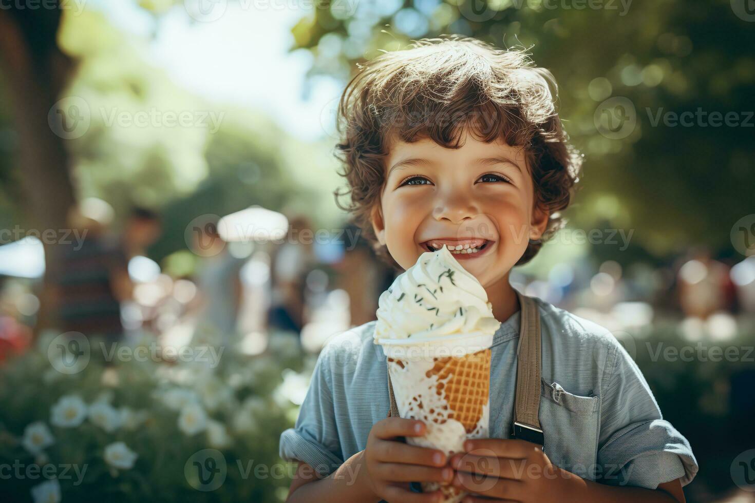 Cute boy holding ice-cream on waffle cone at the park. Generative Ai. photo