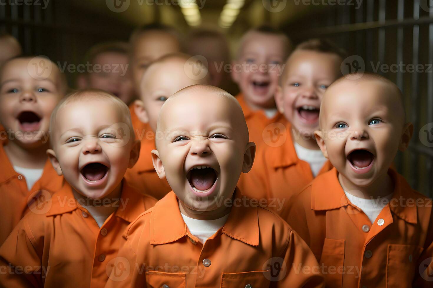 Kids dressed as prisoners in the prison. Generative Ai. photo