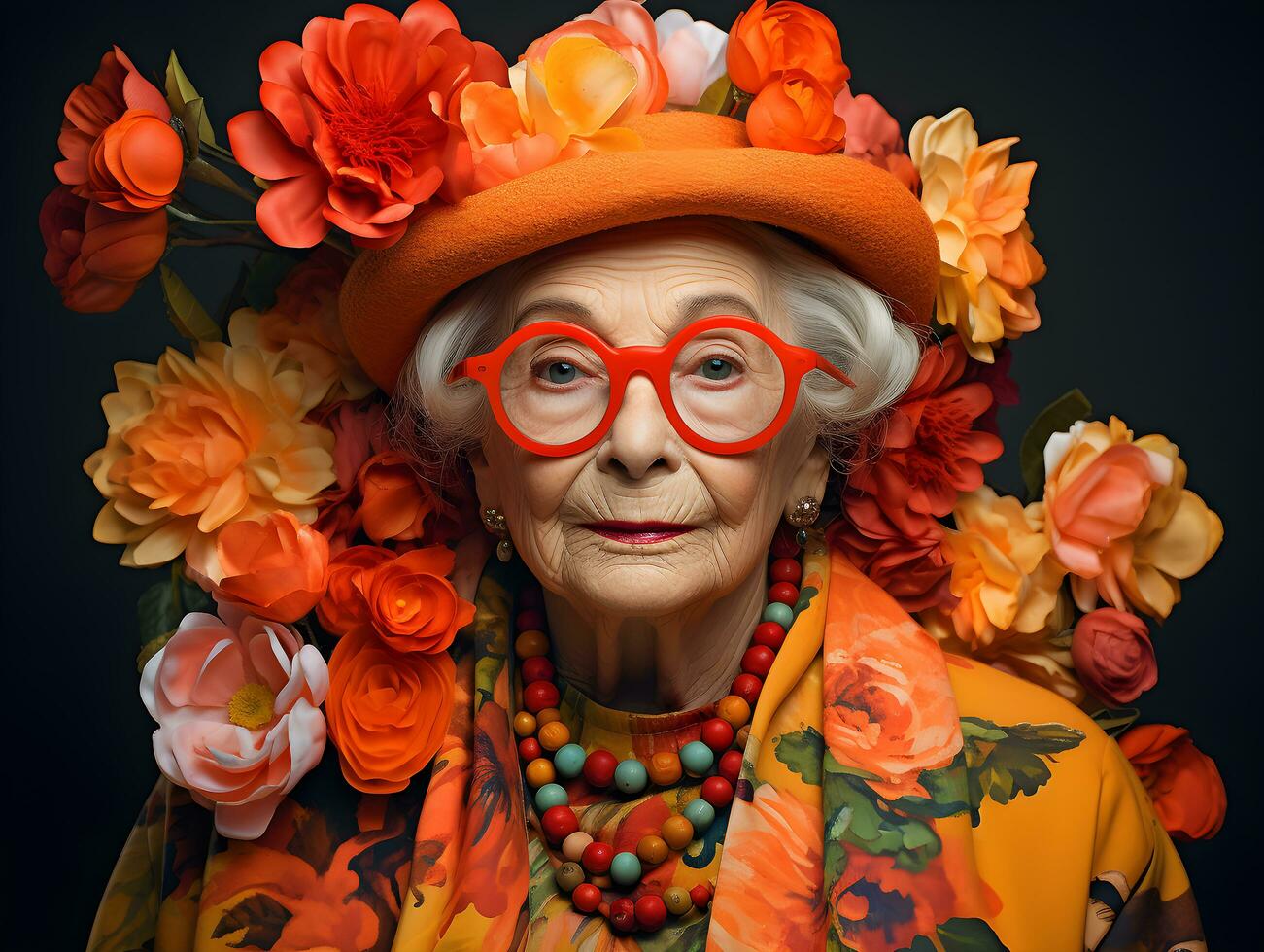 Portrait of an elderly woman in a fashion dress. Generative Ai. photo