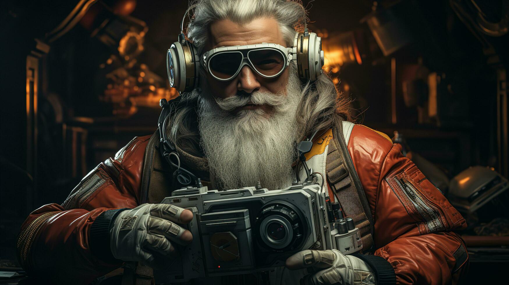 Santa Claus in style of cyberpunk. Generative Ai. photo