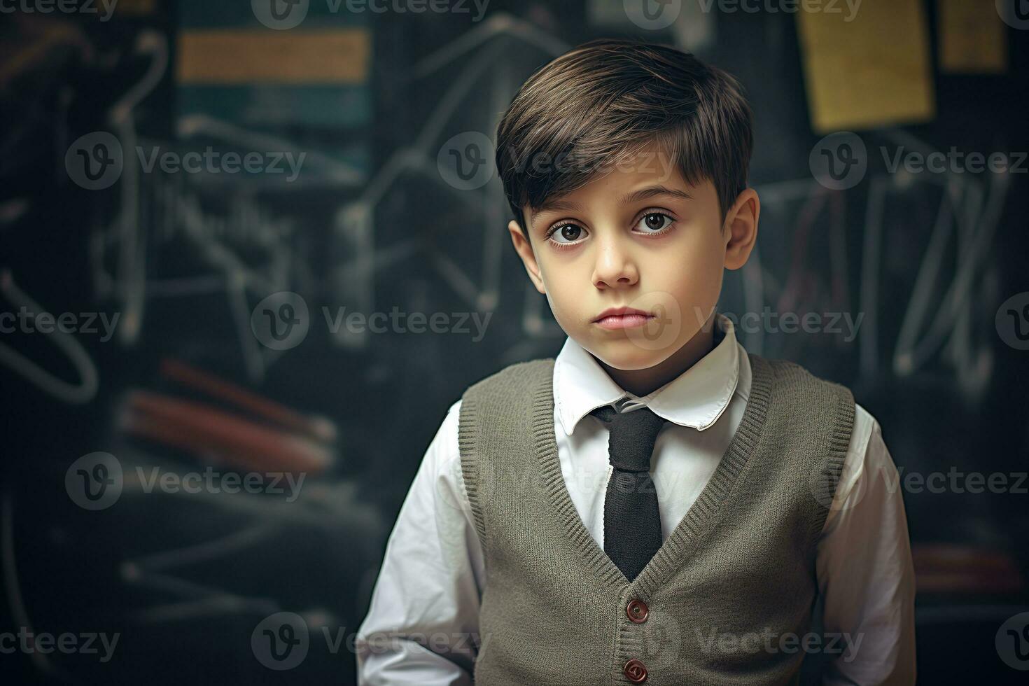 Cute boy with blackboard background. Generative Ai. photo