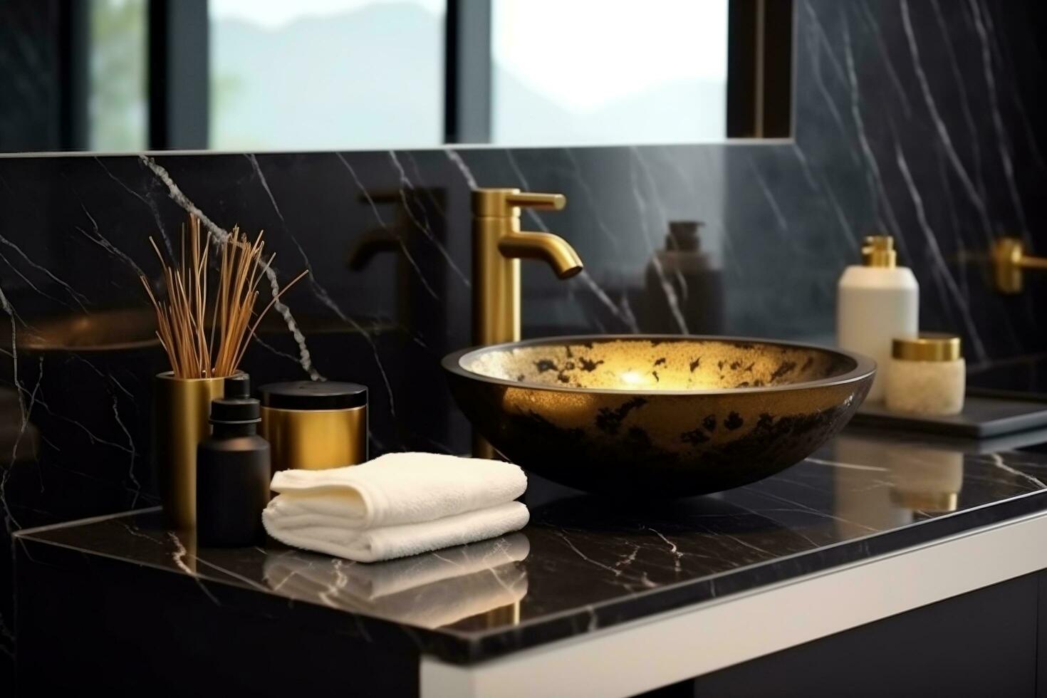 Elegant bathroom interior with different toiletries on black gold marble countertop countertop and modern vessel sink AI Generated photo