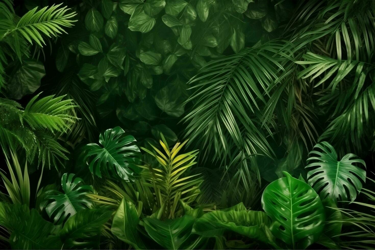 Green tropical monstera leaves, palm leaves and various leaves panoramic background ai generated photo