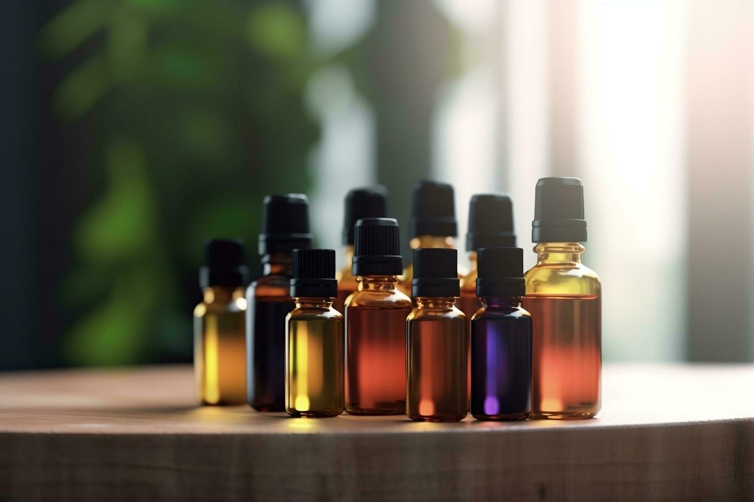 bunch of essential oil bottle in a table AI Generated photo