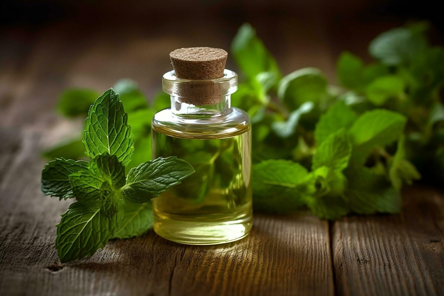 Peppermint essential oil alongside Peppermint leaves on a table AI Generated photo