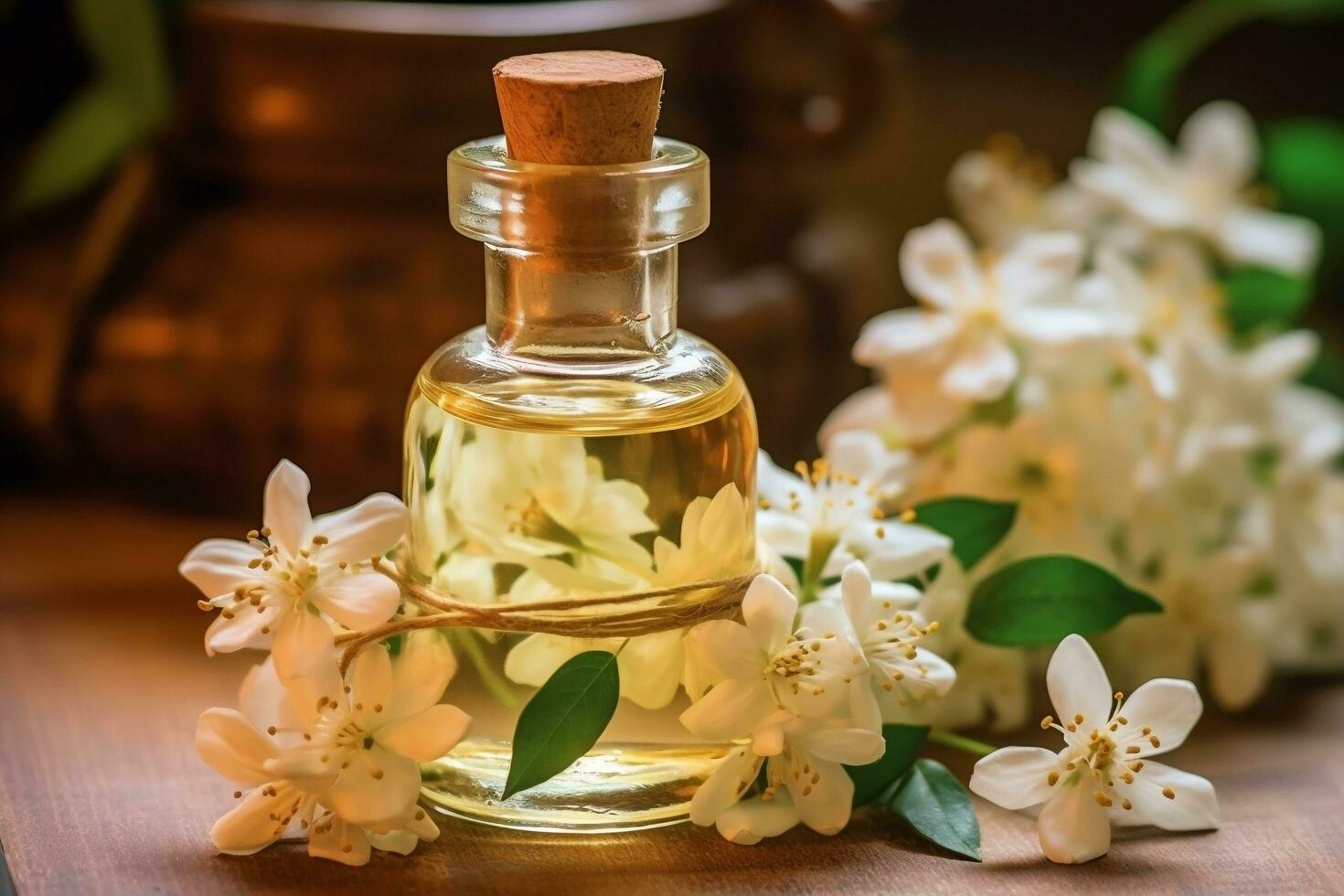 Jasmine essential oil alongside Jasmine on a table ai generated photo