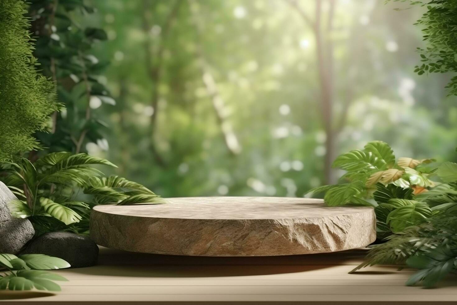 3d rendering stone product display podium for product with green nature garden background ai generated photo
