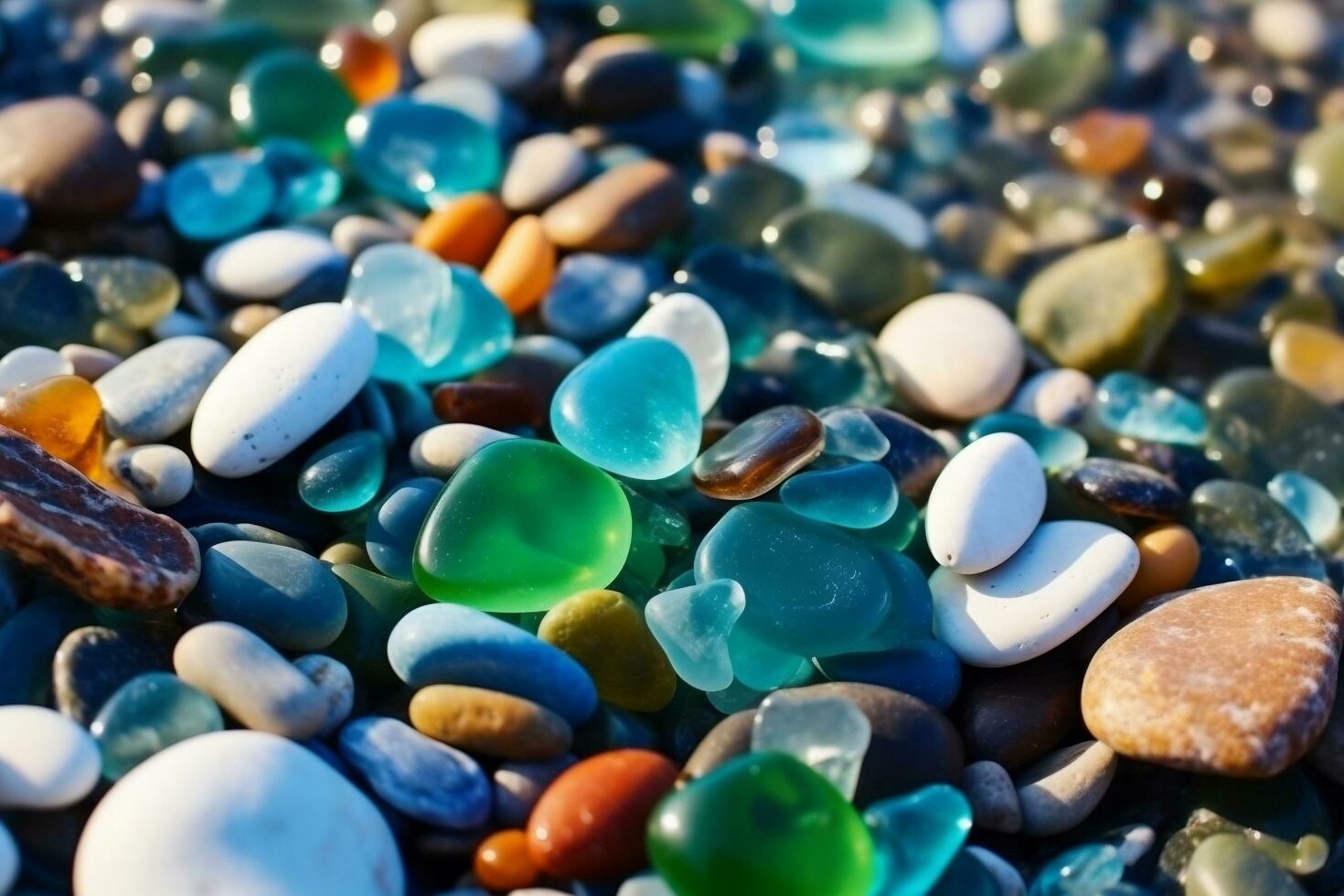 Natural polish textured sea glasses and stones on the seashore ai generated photo