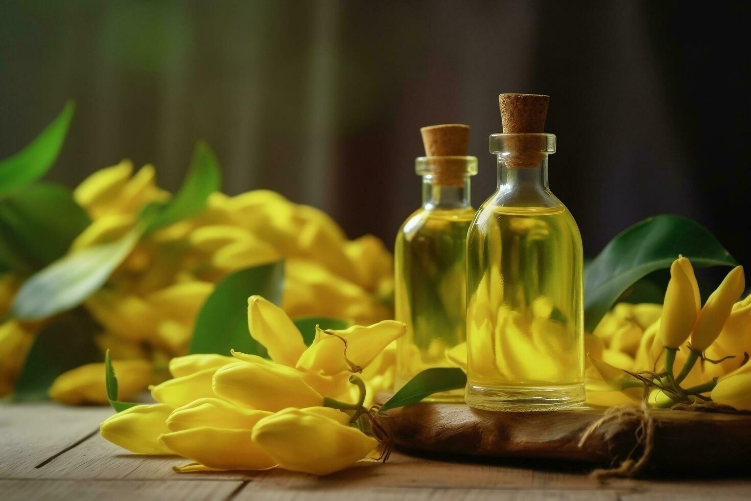 ylang ylang or cananga odorata flower essential oil alongside ylang ylang or cananga odorata flower on a table photo