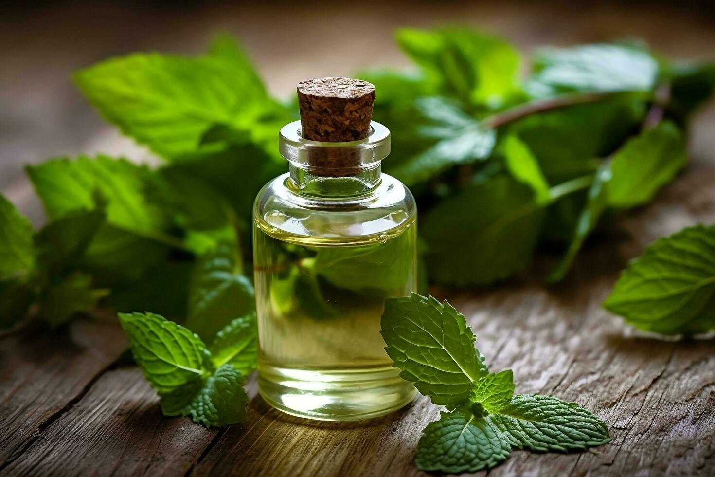 Peppermint essential oil alongside Peppermint leaves on a table AI Generated photo