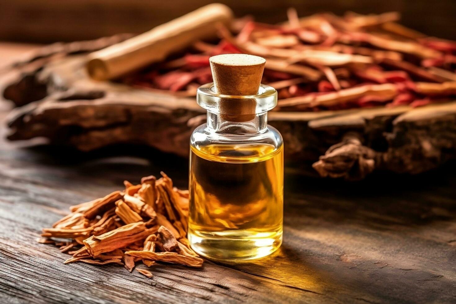 Sandalwood essential oil alongside Sandalwood on a table Ai Generated photo