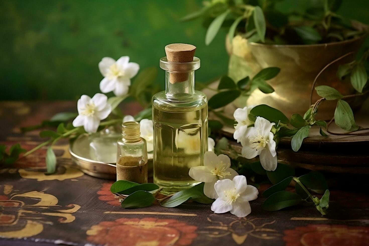 Jasmine essential oil alongside Jasmine on a table ai generated photo