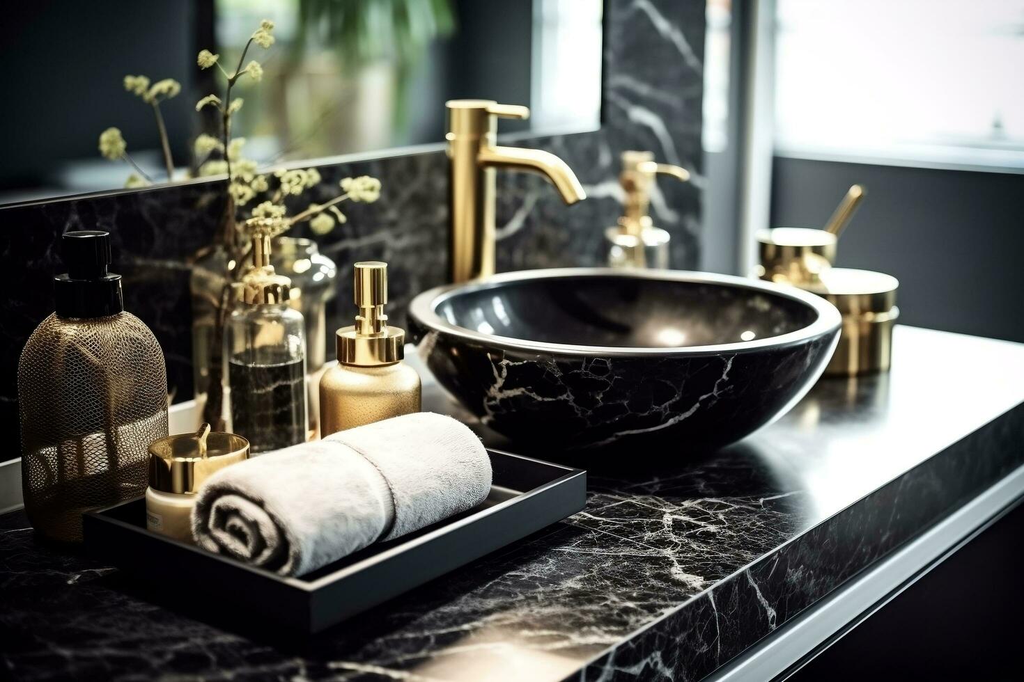 Elegant bathroom interior with different toiletries on black gold marble countertop countertop and modern vessel sink AI Generated photo